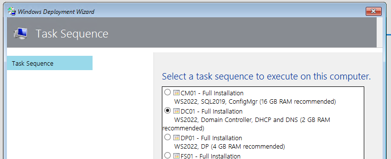 Snip of Task Sequence Selection Dialog with DC01 - Full Installation selected.