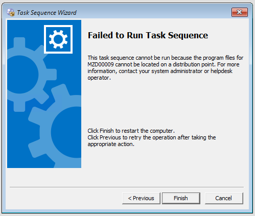 Snip of an error dialog "Failed to Run Task Sequence" which identifies content cannot be found on a distribution point.