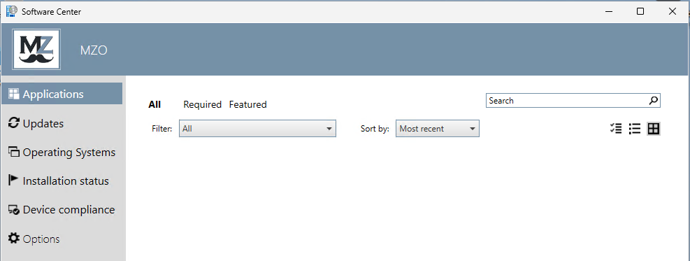 Snip of the branded Software Center for MZO as shown on a client device.