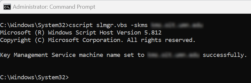 Snip of command prompt response to setting the KMS host